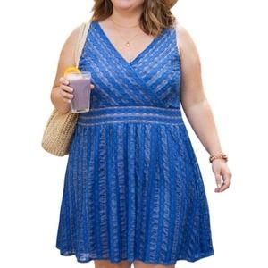 Signature Harper Cobalt Blue Lace Fit & Flare Sleeveless V-Neck Dress Womens 24W